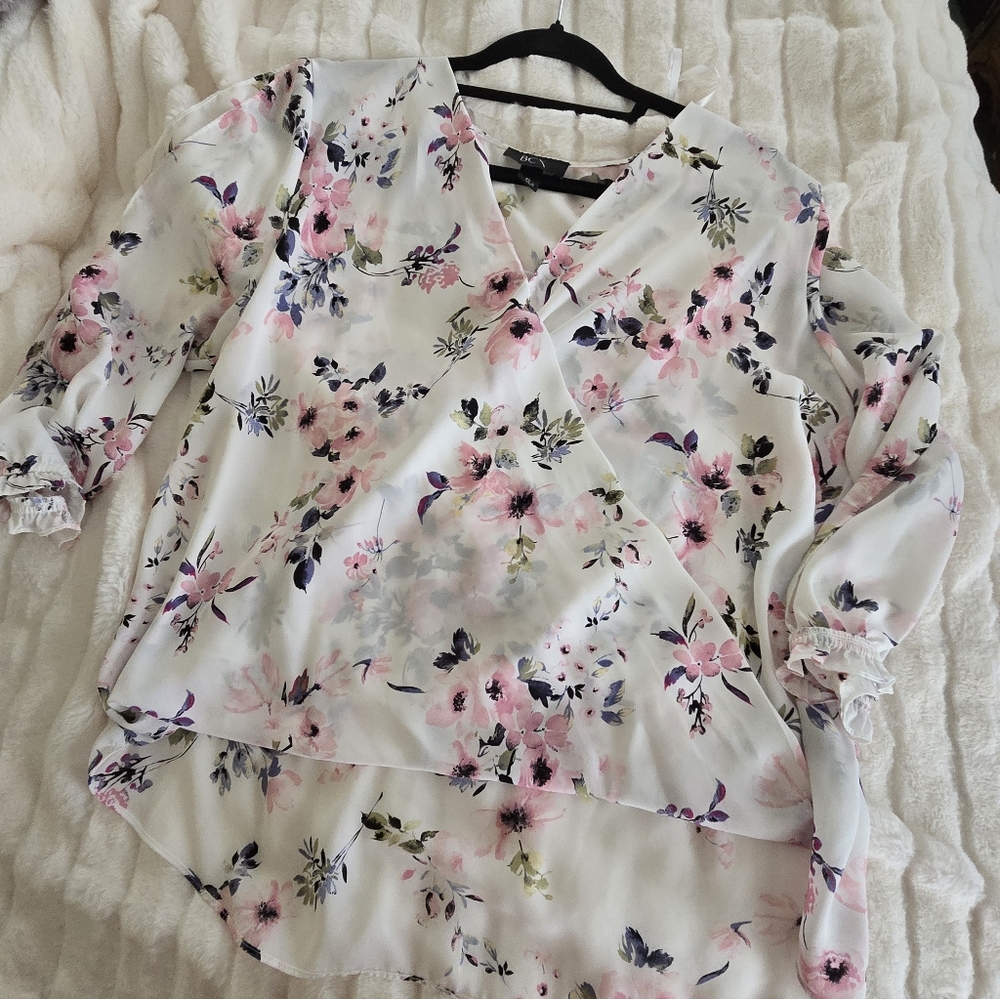BCX Floral Faux Wrap Blouse - Pink and White Roll Waist Front